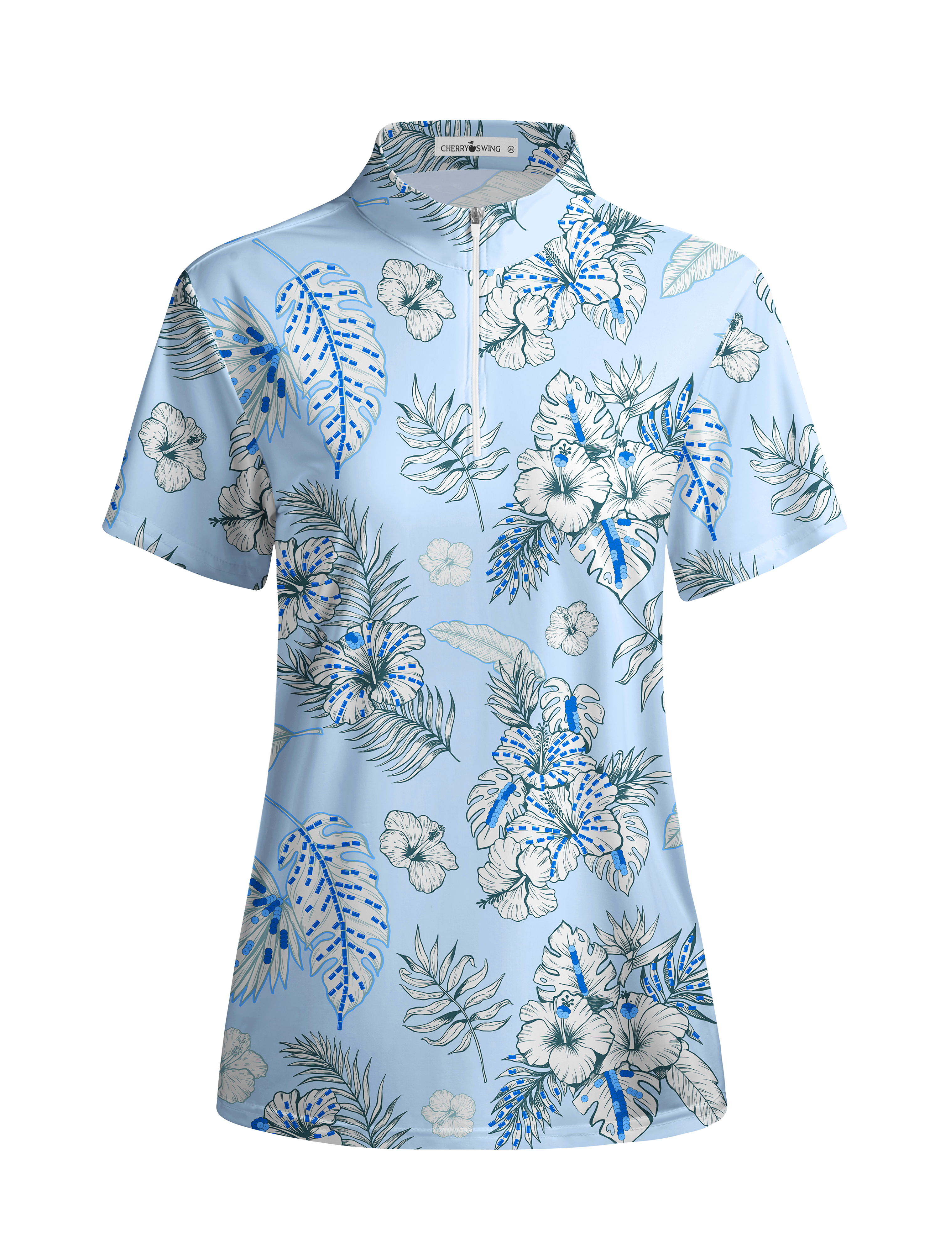 Cherryswing Women's Blue and White Flowers Short Sleeve Polo Shirt
