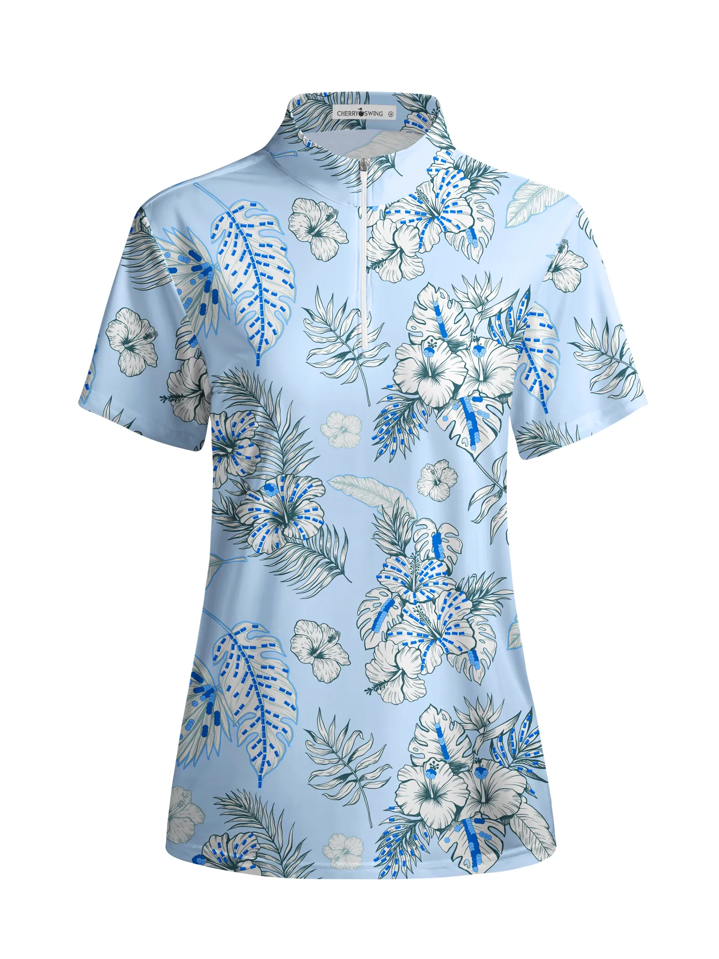 Cherryswing Women's Blue and White Flowers Short Sleeve Polo Shirt