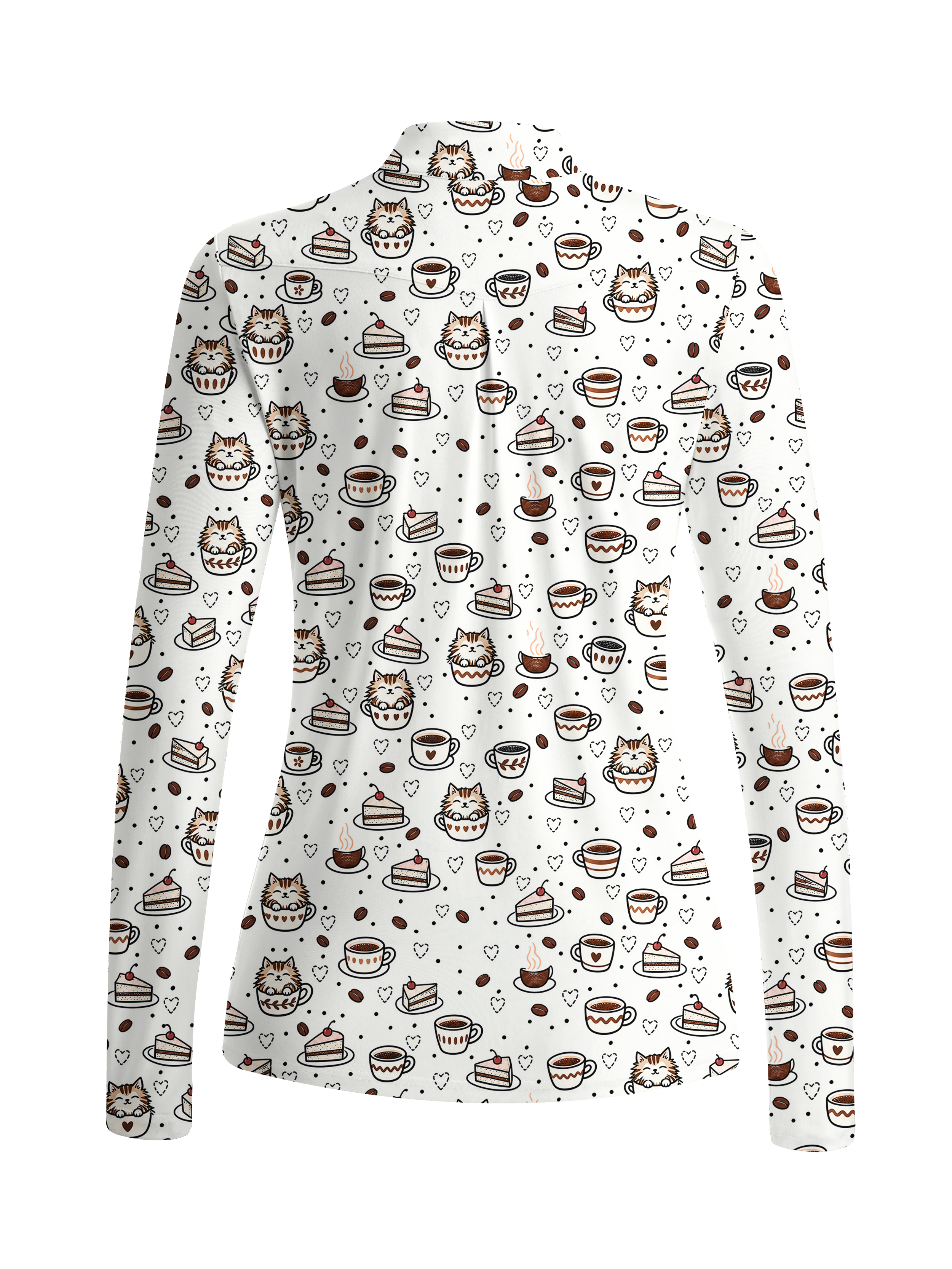 Cherryswing Women's Cute Cat and Coffee Print Long Sleeve Golf Shirt