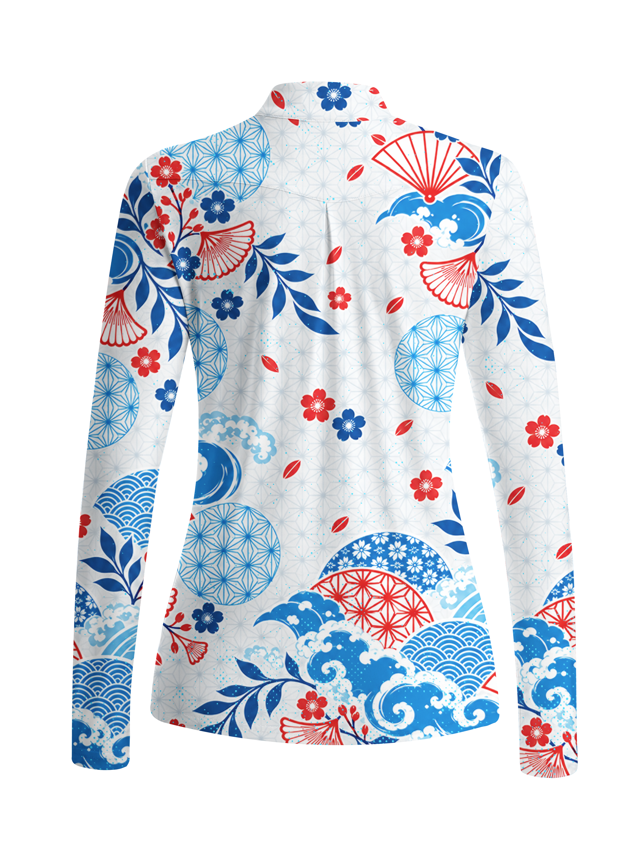 Cherryswing Women's Japanese Wave Sakura Pattern Long Sleeve Golf Shirt
