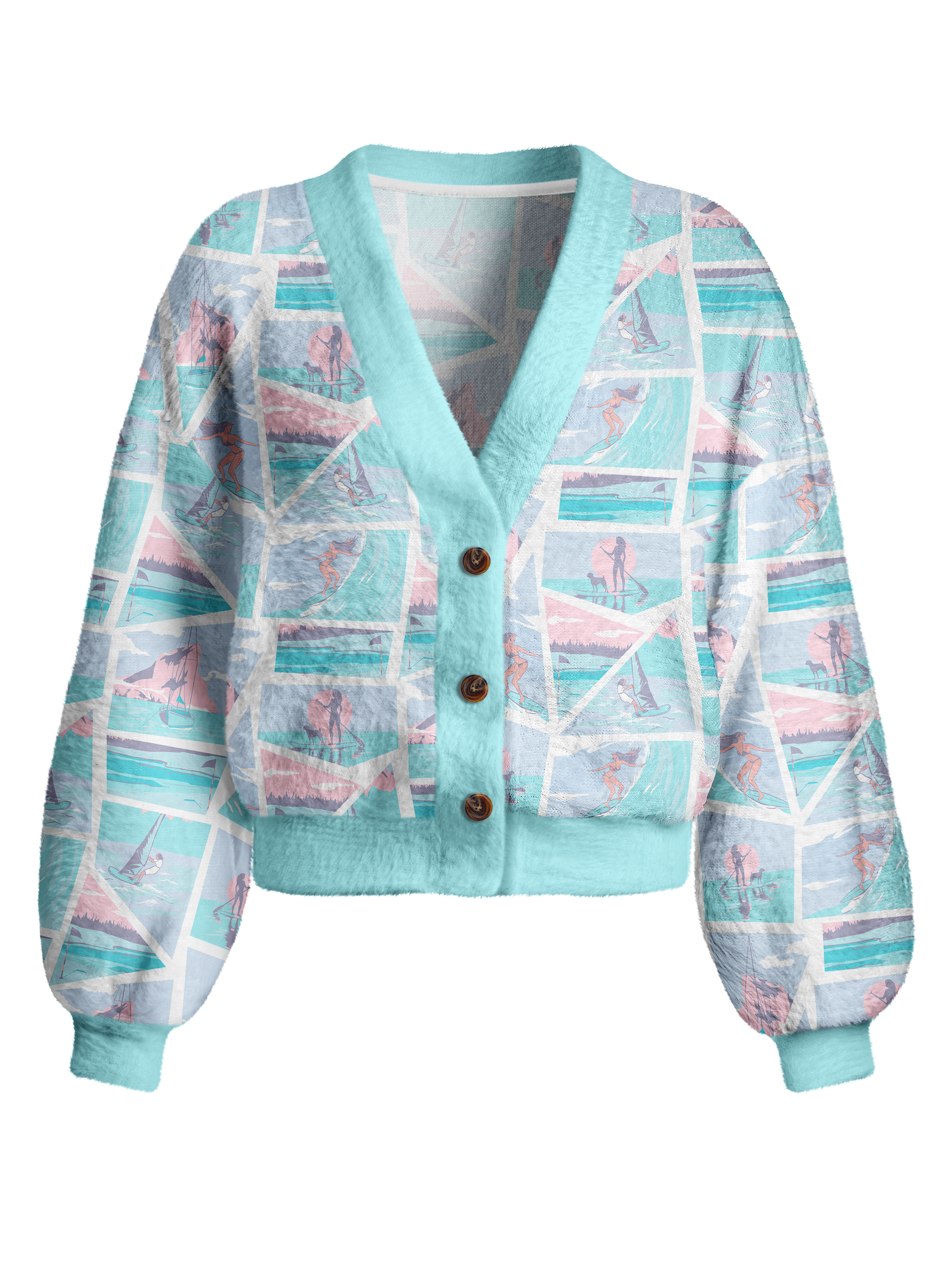 Cherryswing Women's Coastal Collage Fuzzy Knit Golf Cardigan