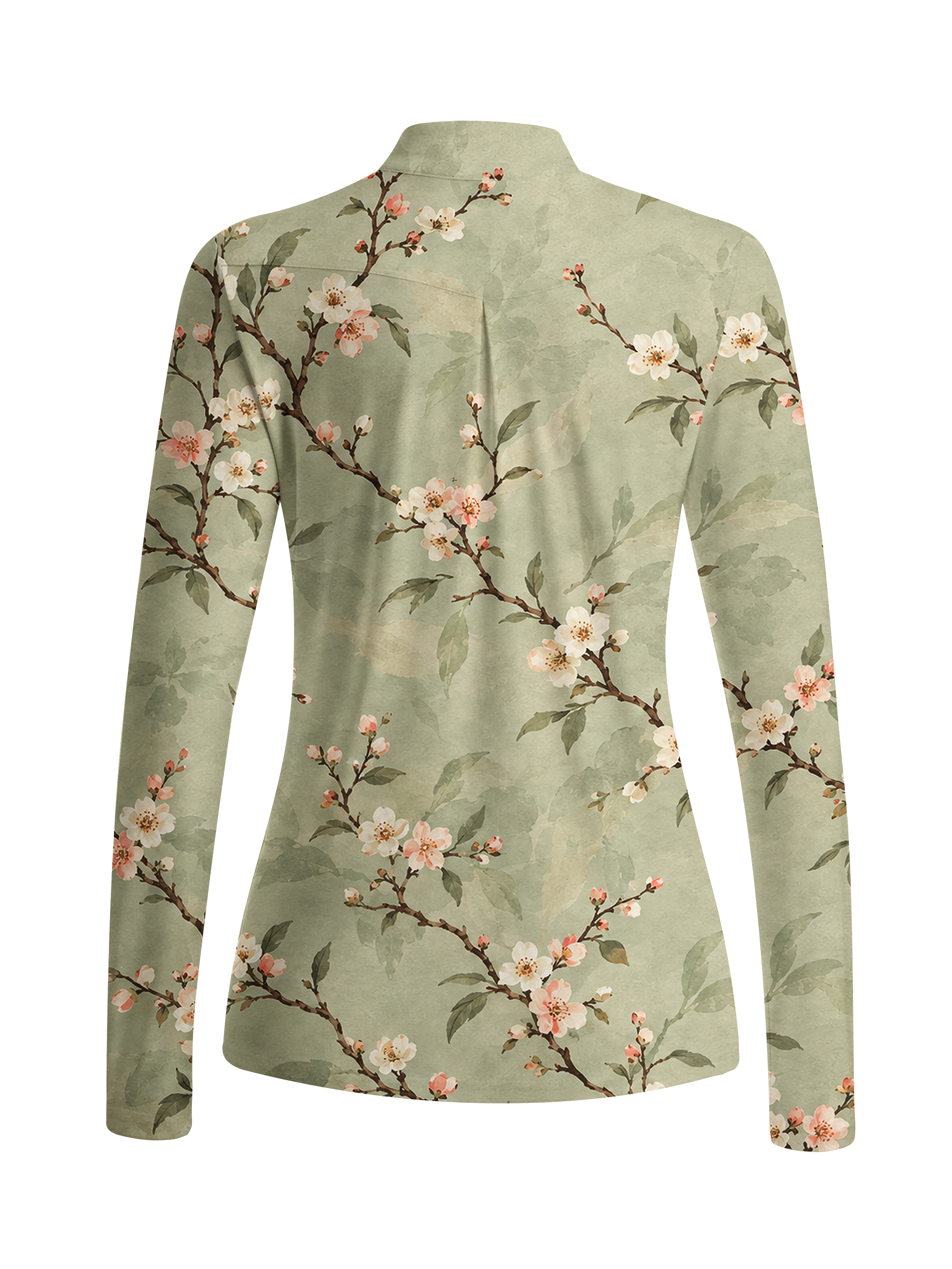 Cherryswing Women's Ink Wash Apricot Blossom Branch Pattern Long Sleeve Golf Shirt