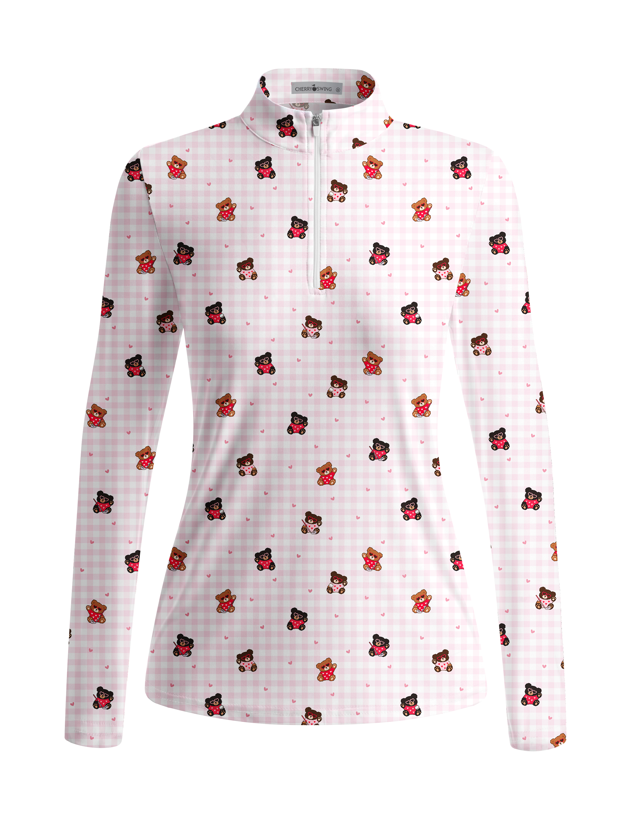 Cherryswing Women's Plaid Bear and Heart Pattern Long Sleeve Golf Shirt
