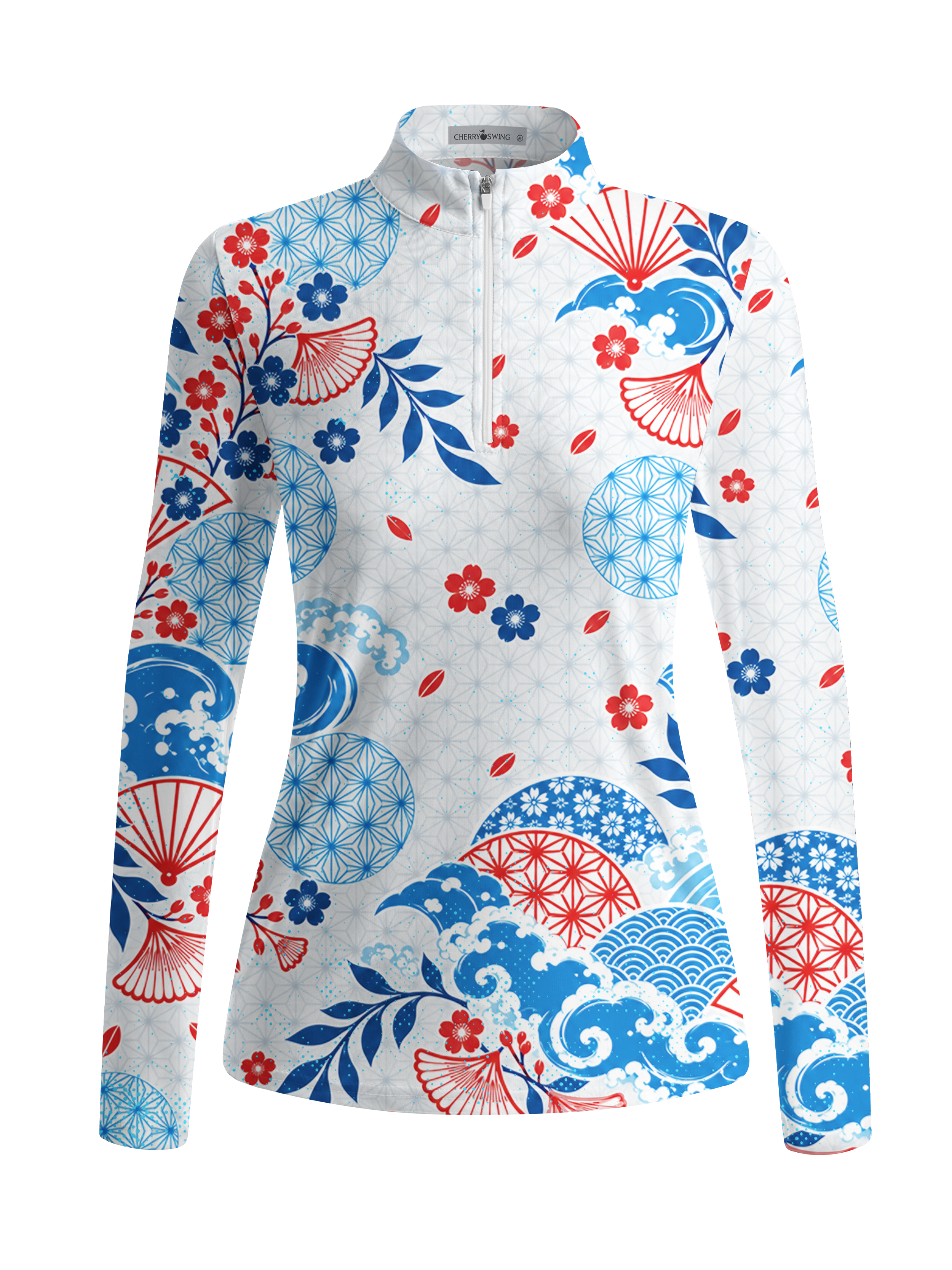 Cherryswing Women's Japanese Wave Sakura Pattern Long Sleeve Golf Shirt