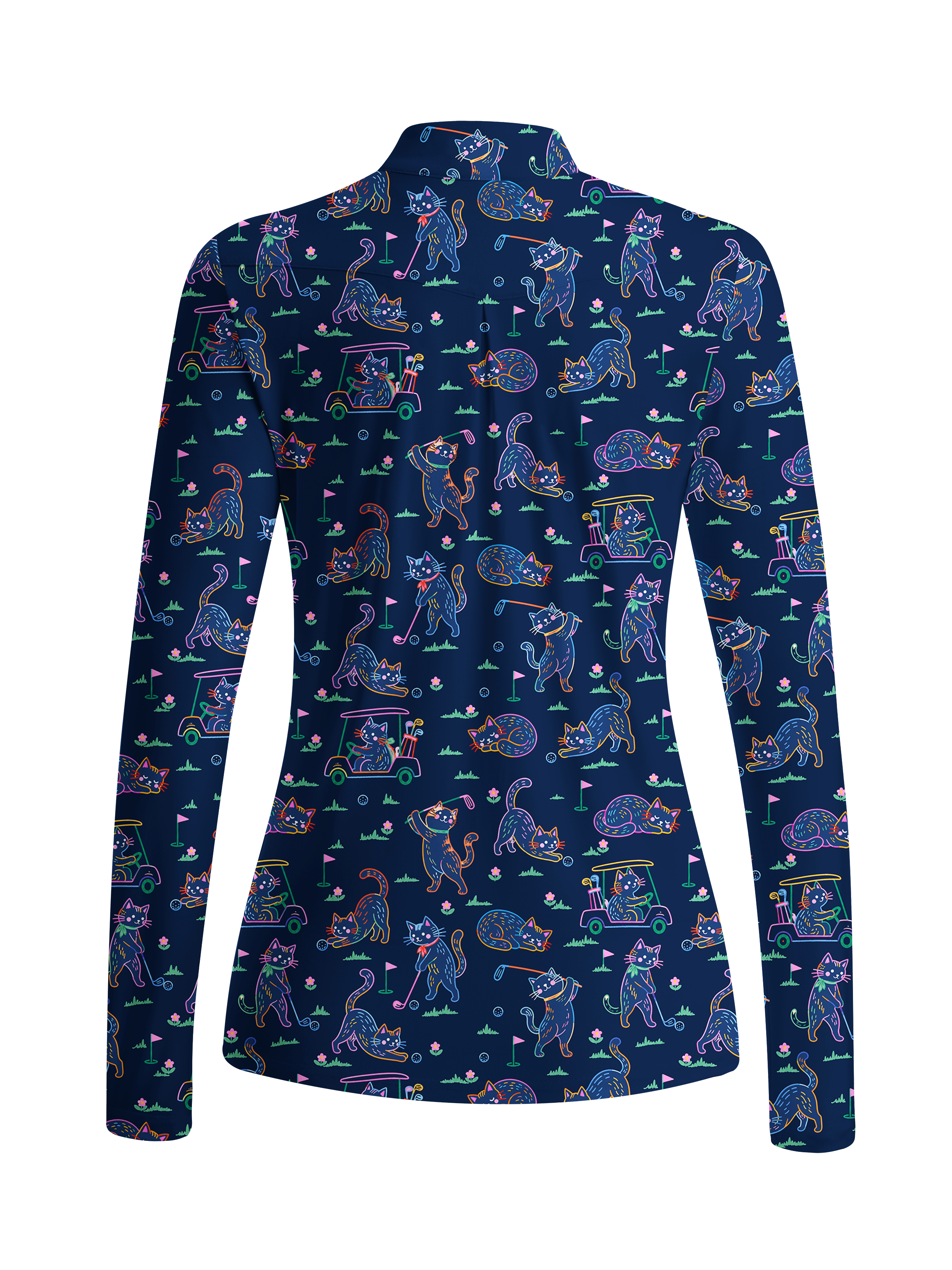 Cherryswing Women's Neon Cat Golf Theme Pattern Long Sleeve Golf Shirt