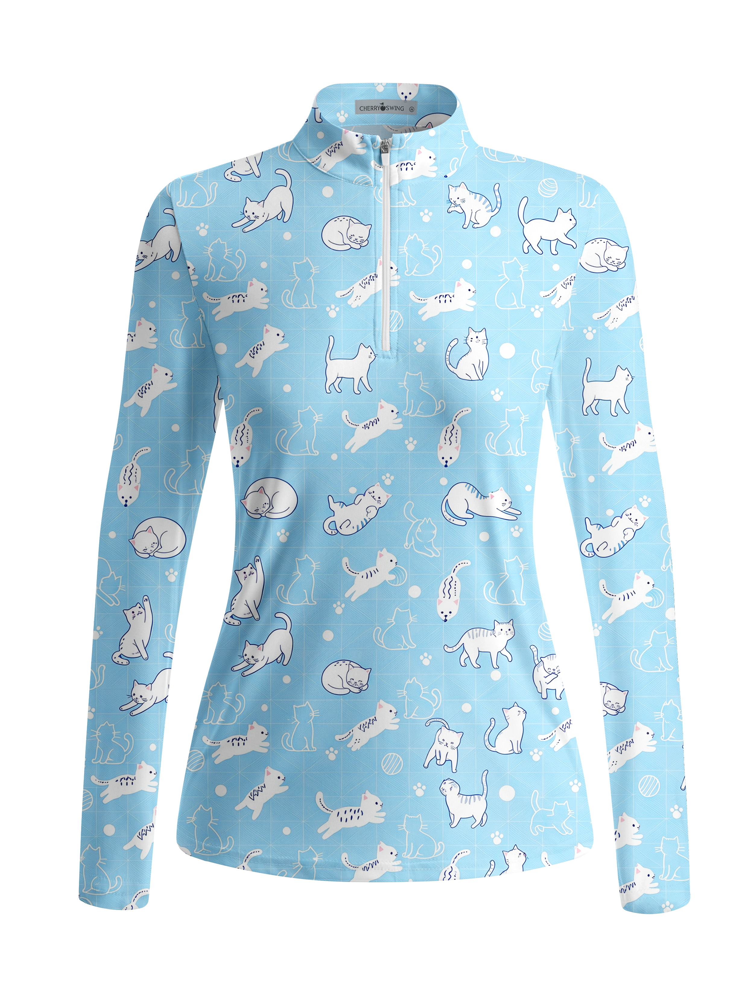 Cherryswing Women's Cute Cat Pattern Long Sleeve Golf Shirt