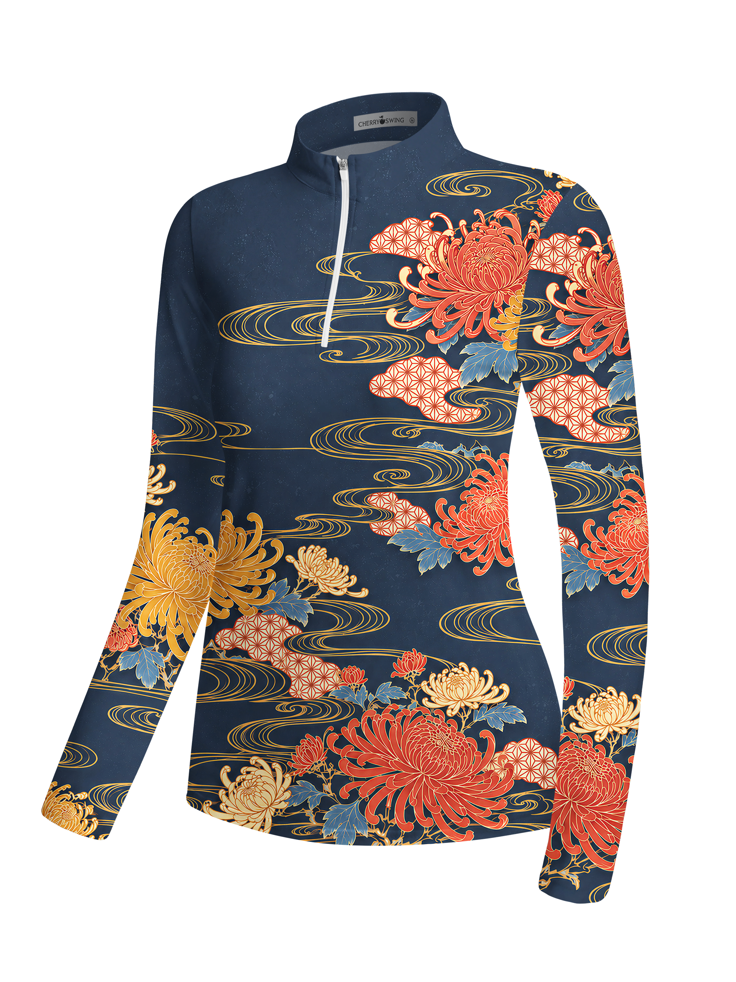 Cherryswing Women's Oriental Golden Chrysanthemum Long Sleeve Golf Shirt