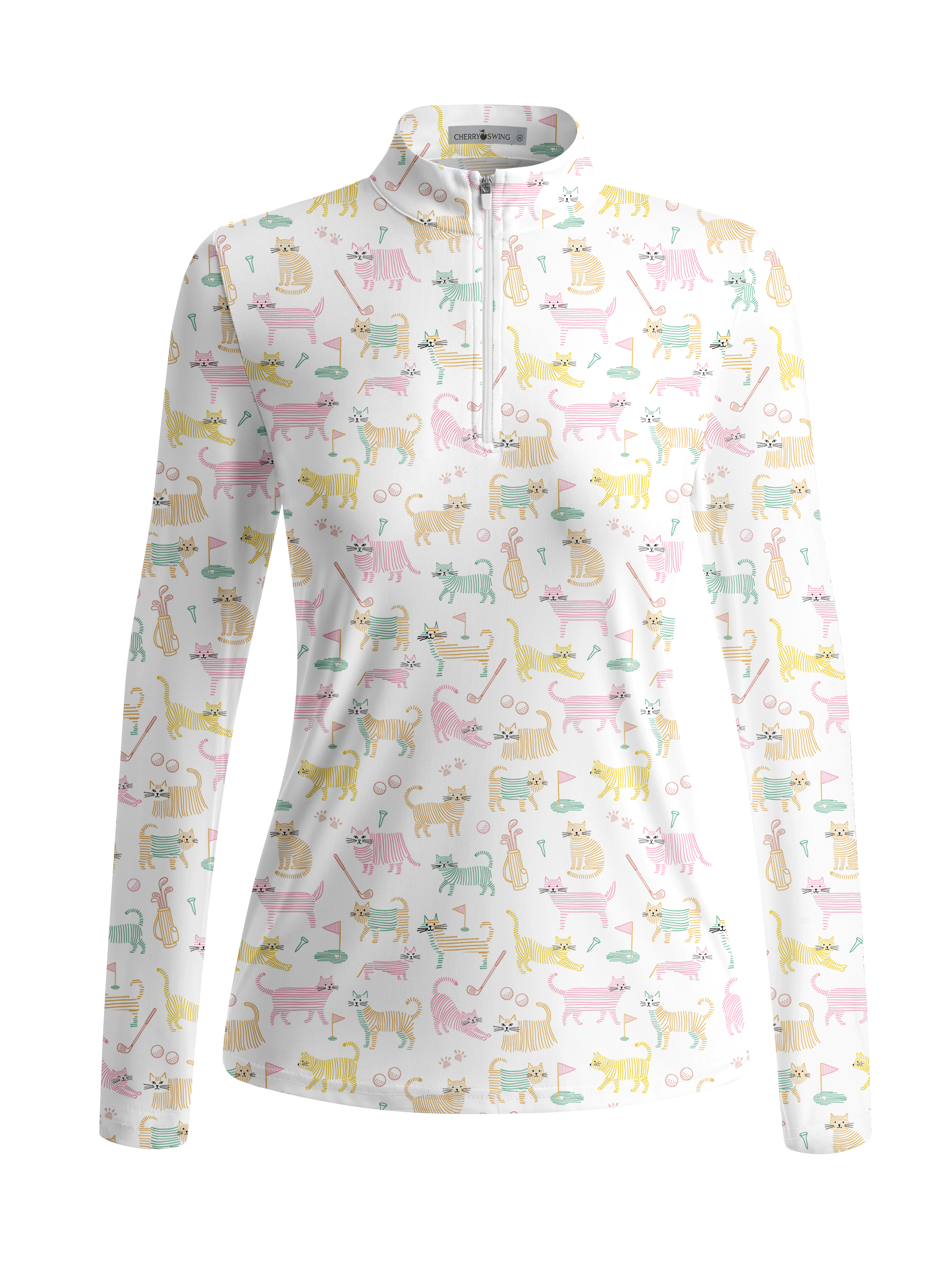 Cherryswing Women's Whimsical Golf Cat Line Art Long Sleeve Golf Shirt