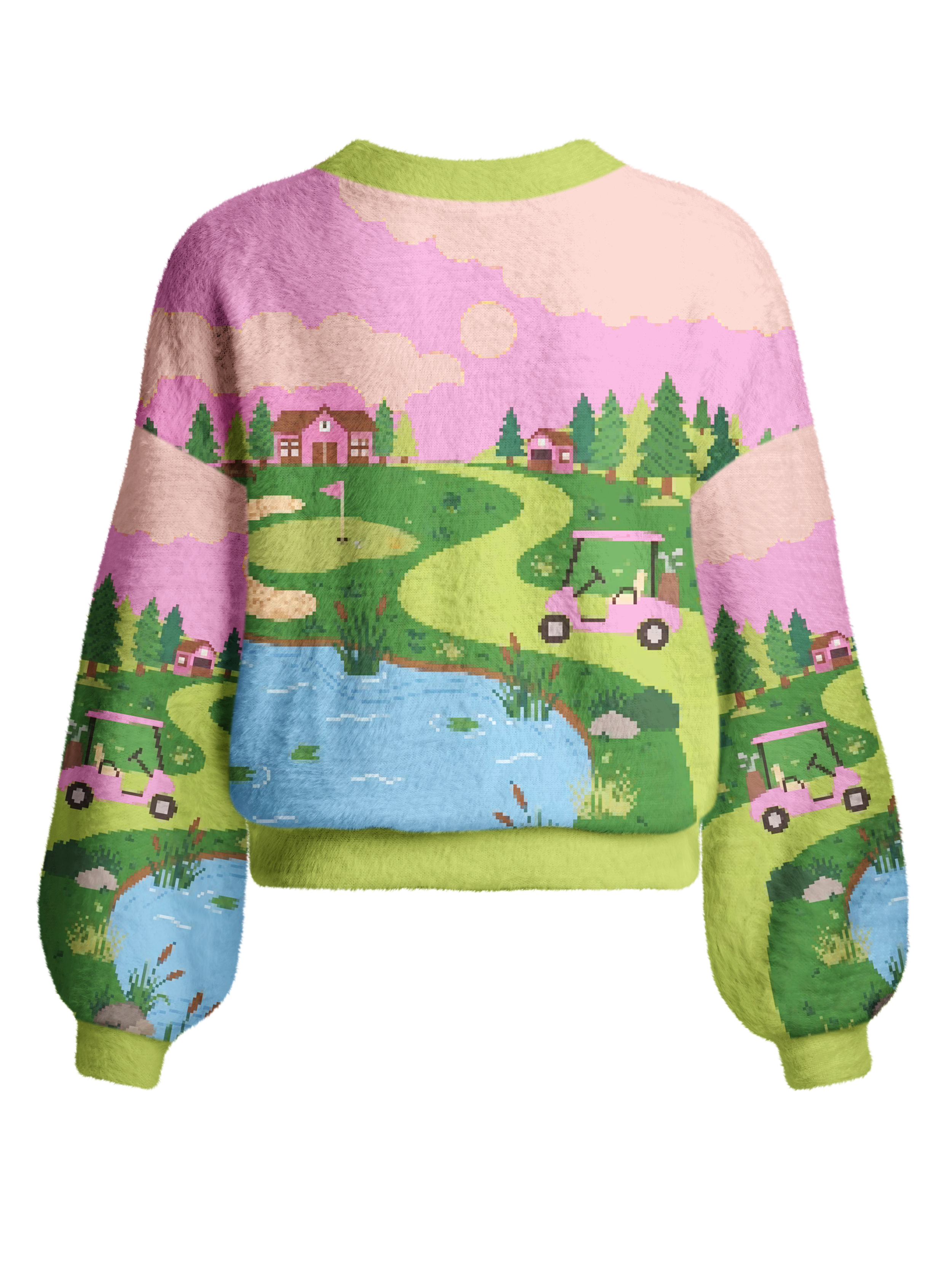 Cherryswing Women's Retro Pixel Landscape Fuzzy Knit Golf Cardigan