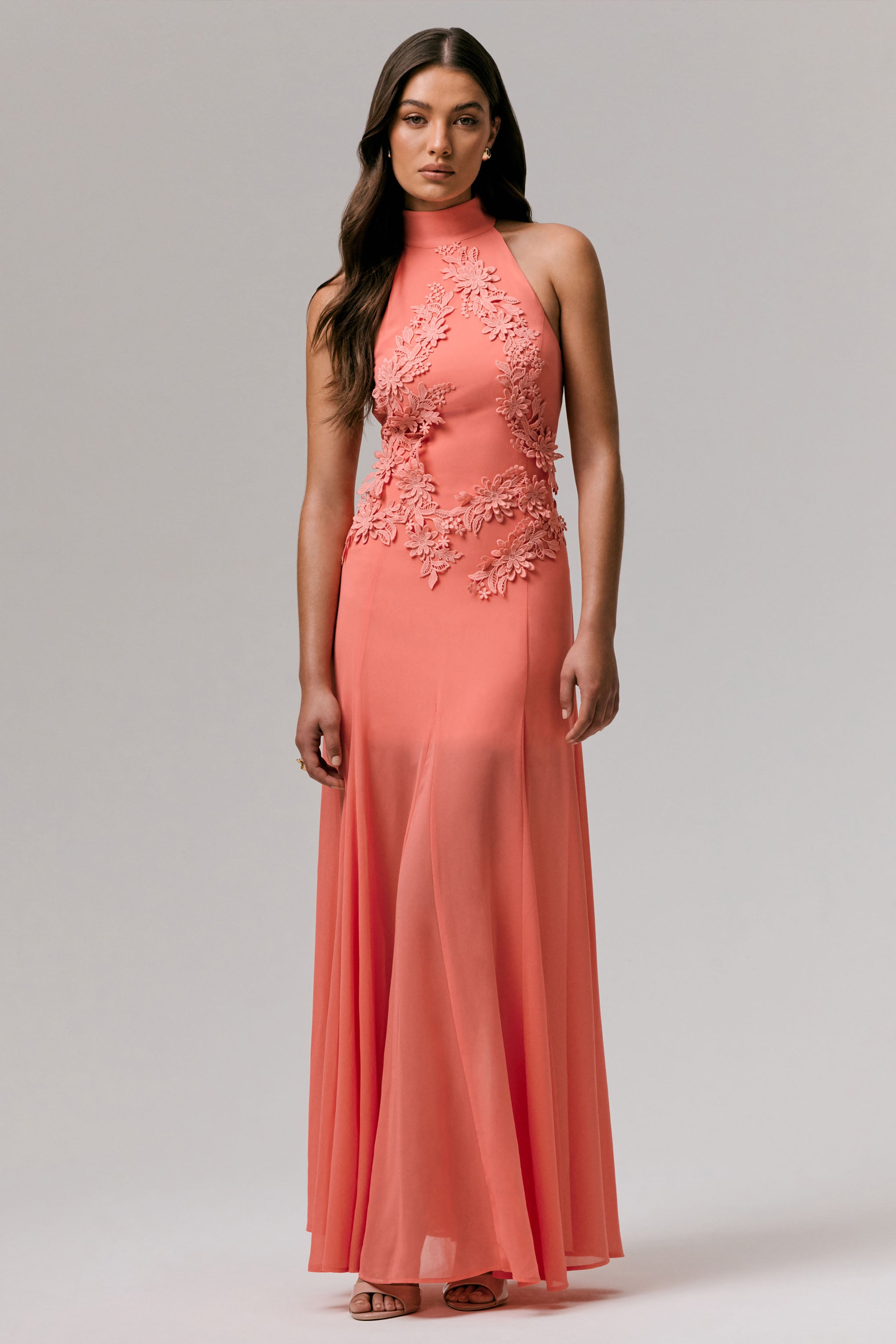 Coral High-Neck Embellished Maxi Dress