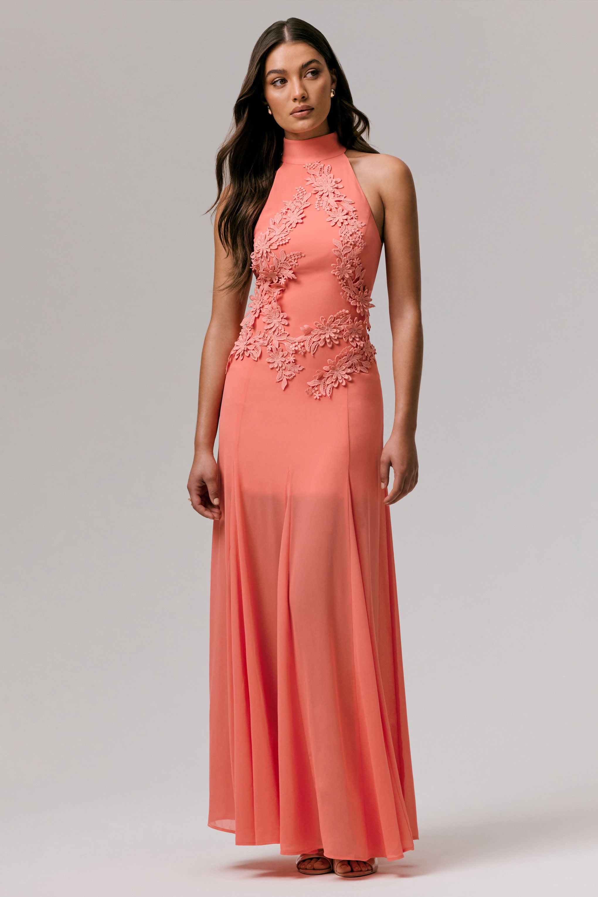 Coral High-Neck Embellished Maxi Dress