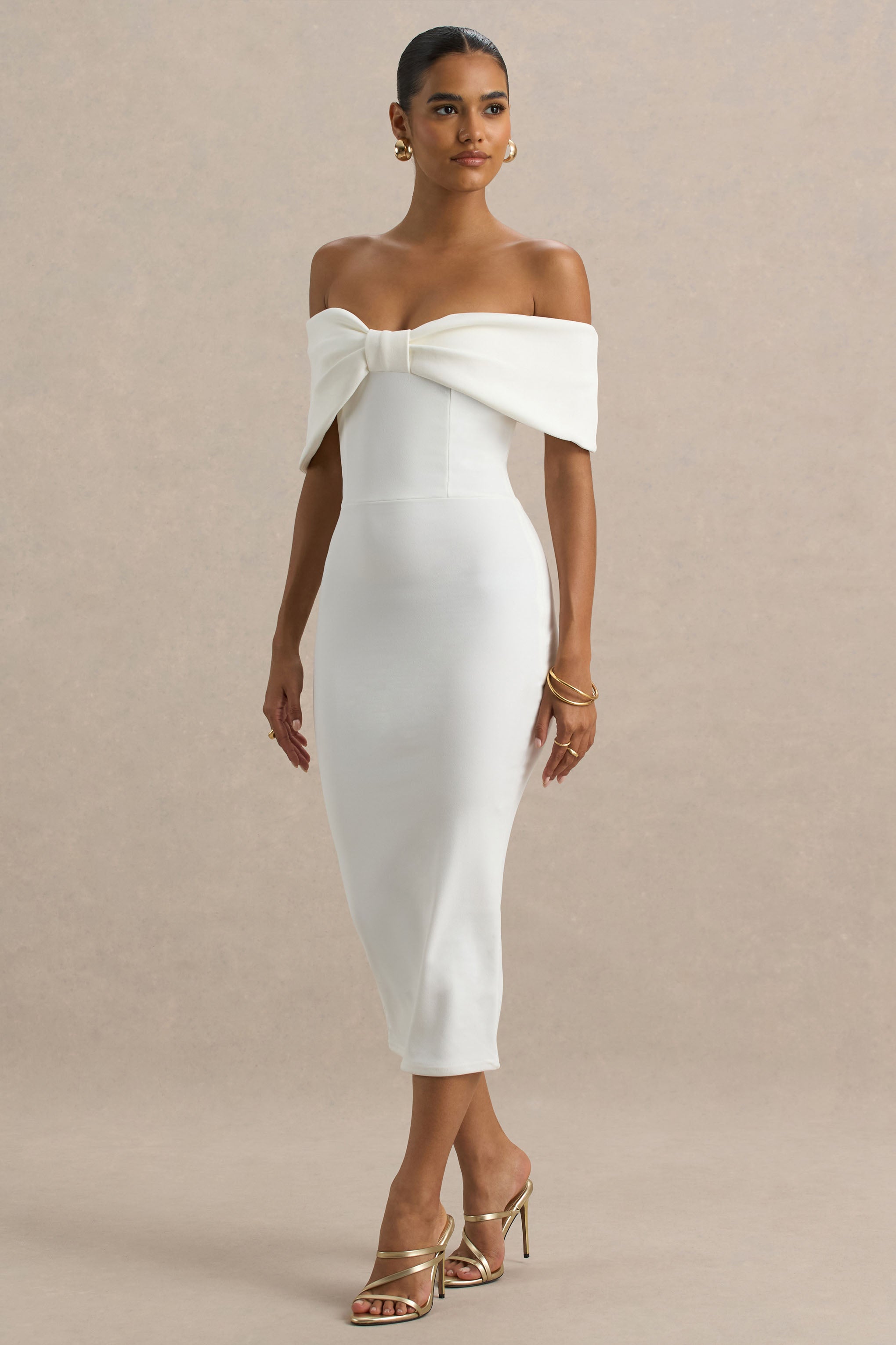 White Bow Bardot Midi Dress