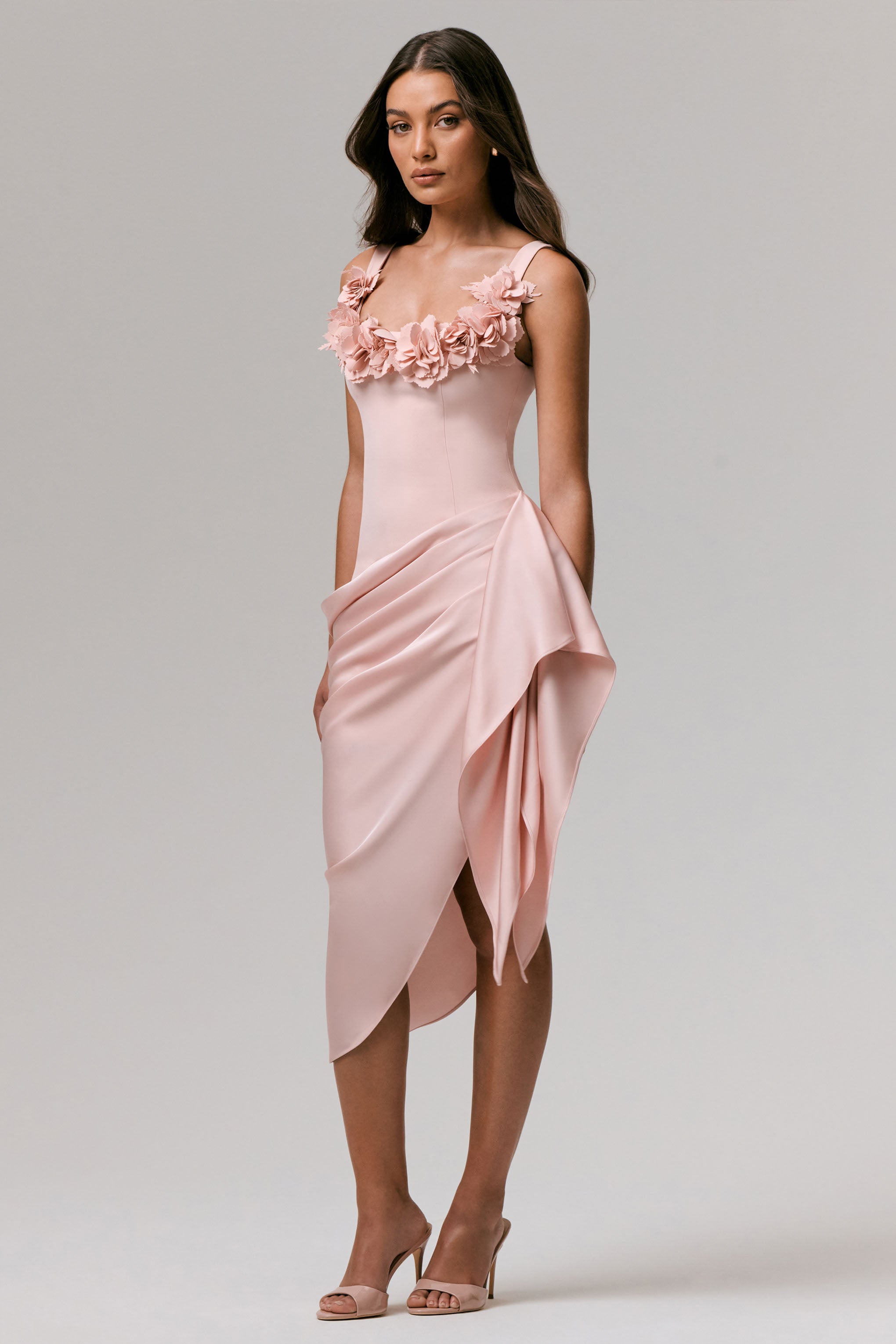 Letitia | Pale Pink Square-Neck Embellished Wrap Midi Dress