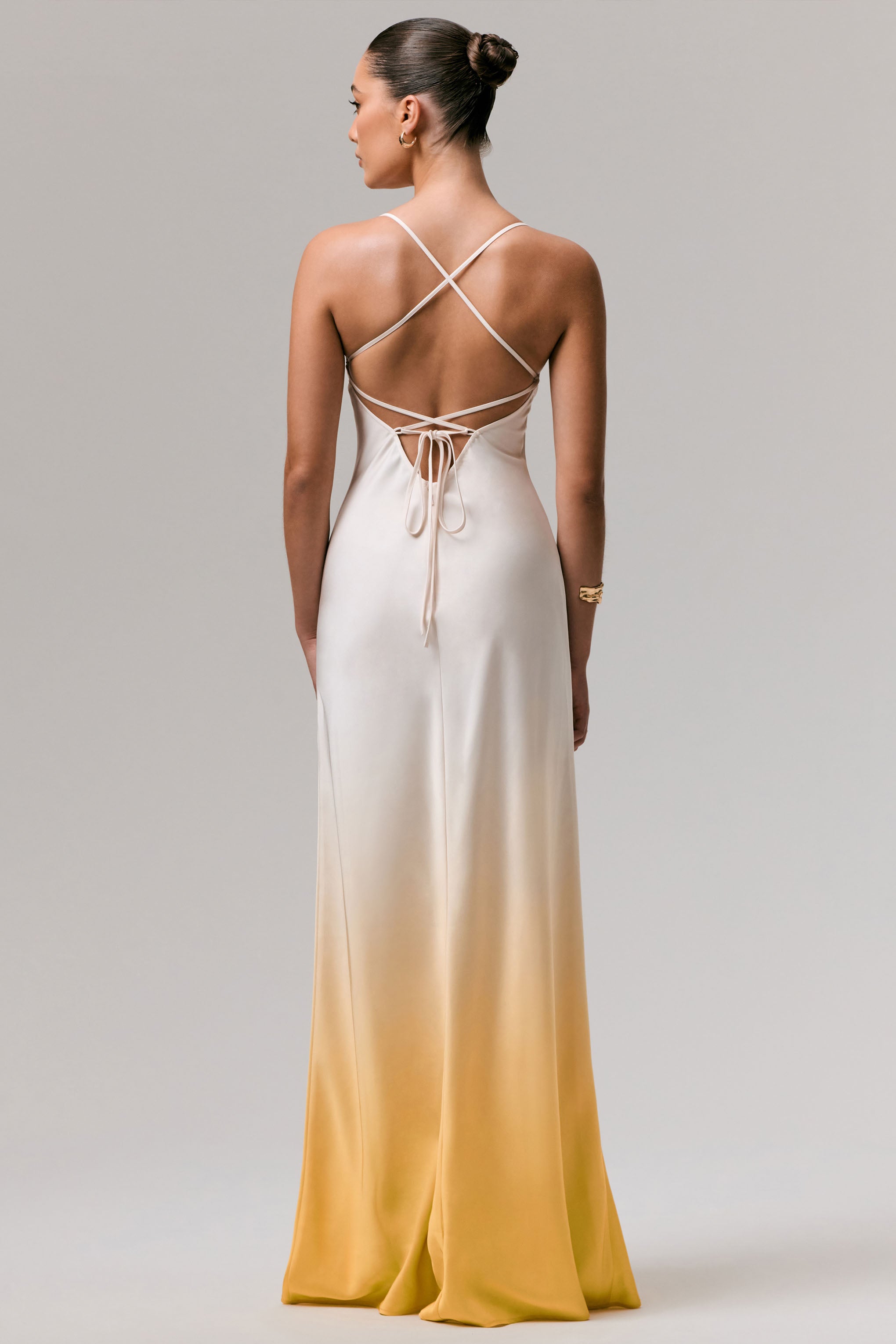 Yellow Ombre Satin Cowl-Neck Maxi Dress