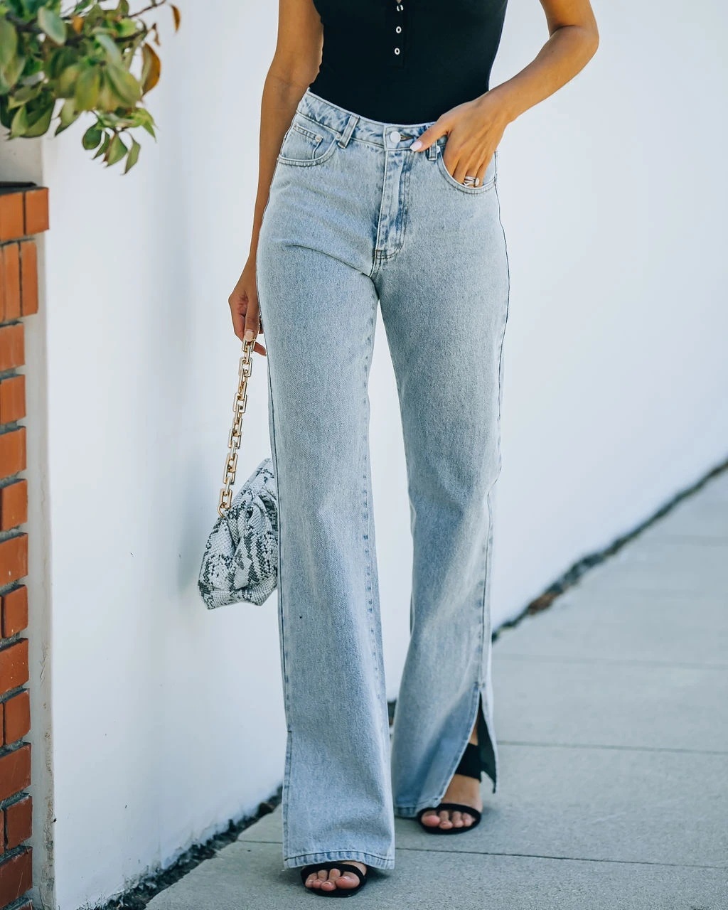 Washed Split Mid-rise Jeans-Pink Laura