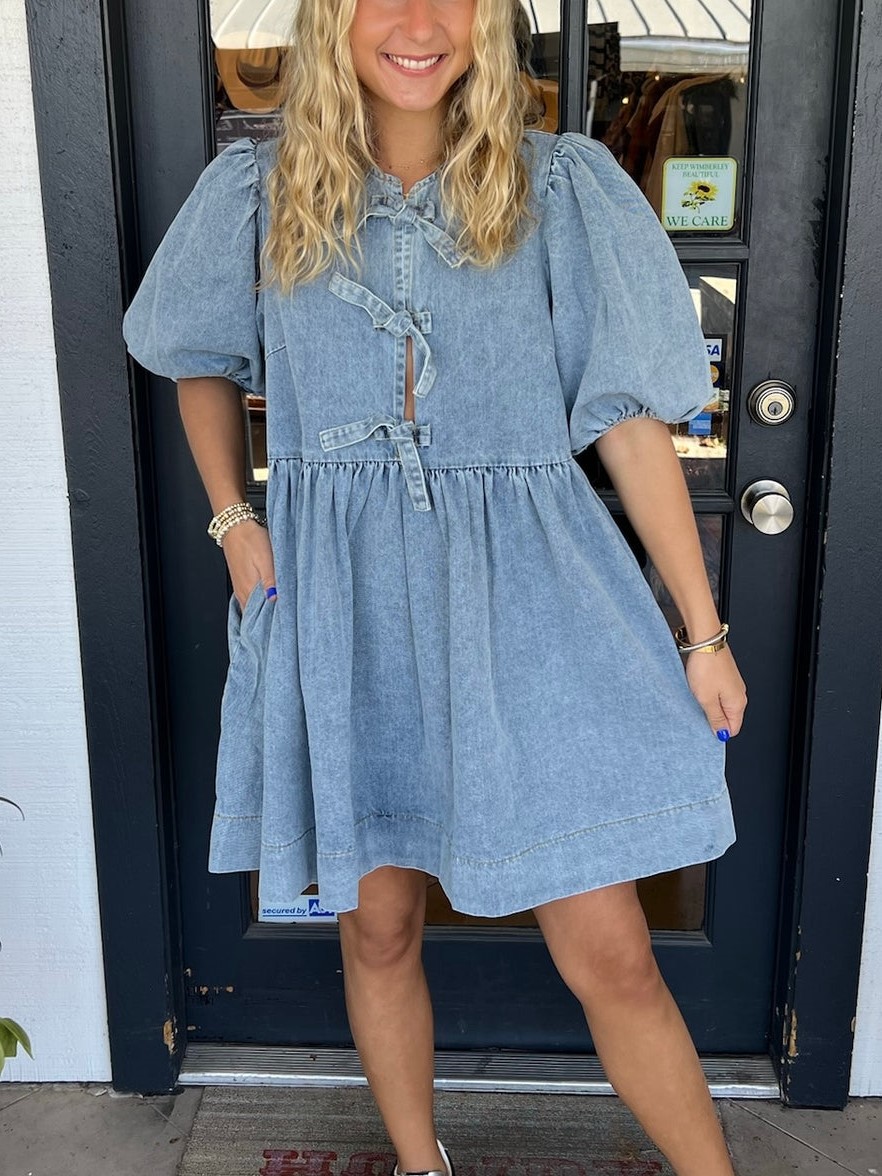 Bow Tie Puff Sleeve Denim Dress(Buy 2 Free Shipping)