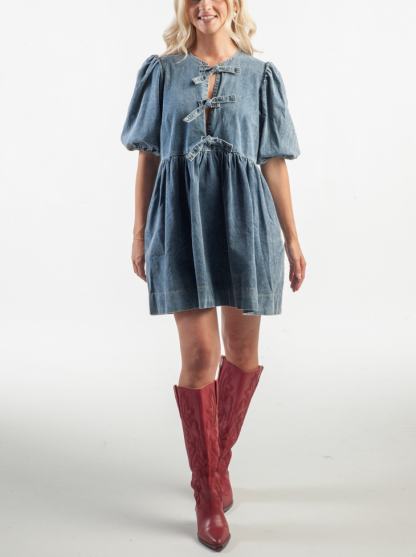 Bow Tie Puff Sleeve Denim Dress(Buy 2 Free Shipping)