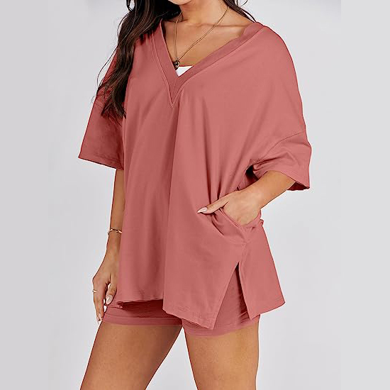 Oversized V Neck T Shirt Biker Shorts Reversible Tracksuit (Buy 2 Free Shipping)-Pink Laura