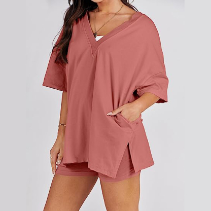 Oversized V Neck T Shirt Biker Shorts Reversible Tracksuit (Buy 2 Free Shipping)-Pink Laura