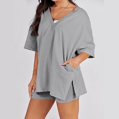 Oversized V Neck T Shirt Biker Shorts Reversible Tracksuit (Buy 2 Free Shipping)-Pink Laura
