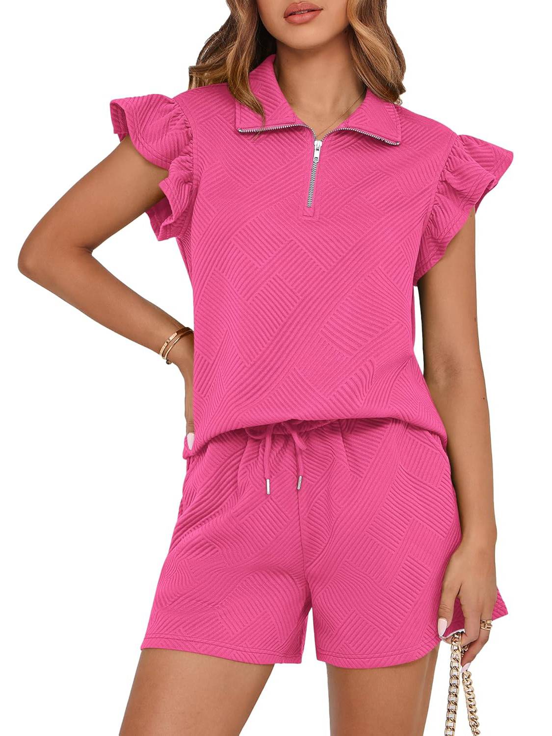 Women's Zipper V Neck Casual Ruffle Short Sleeve Tops and Drawstring Shorts 2 Piece Outfits