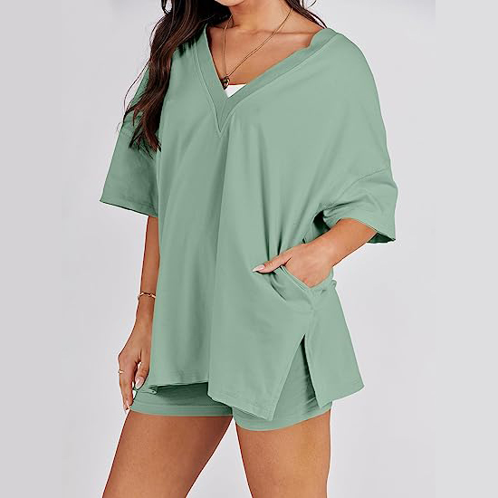 Oversized V Neck T Shirt Biker Shorts Reversible Tracksuit (Buy 2 Free Shipping)-Pink Laura