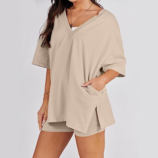 Oversized V Neck T Shirt Biker Shorts Reversible Tracksuit (Buy 2 Free Shipping)-Pink Laura