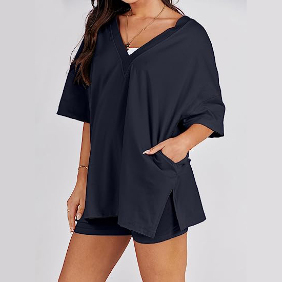 Oversized V Neck T Shirt Biker Shorts Reversible Tracksuit (Buy 2 Free Shipping)-Pink Laura