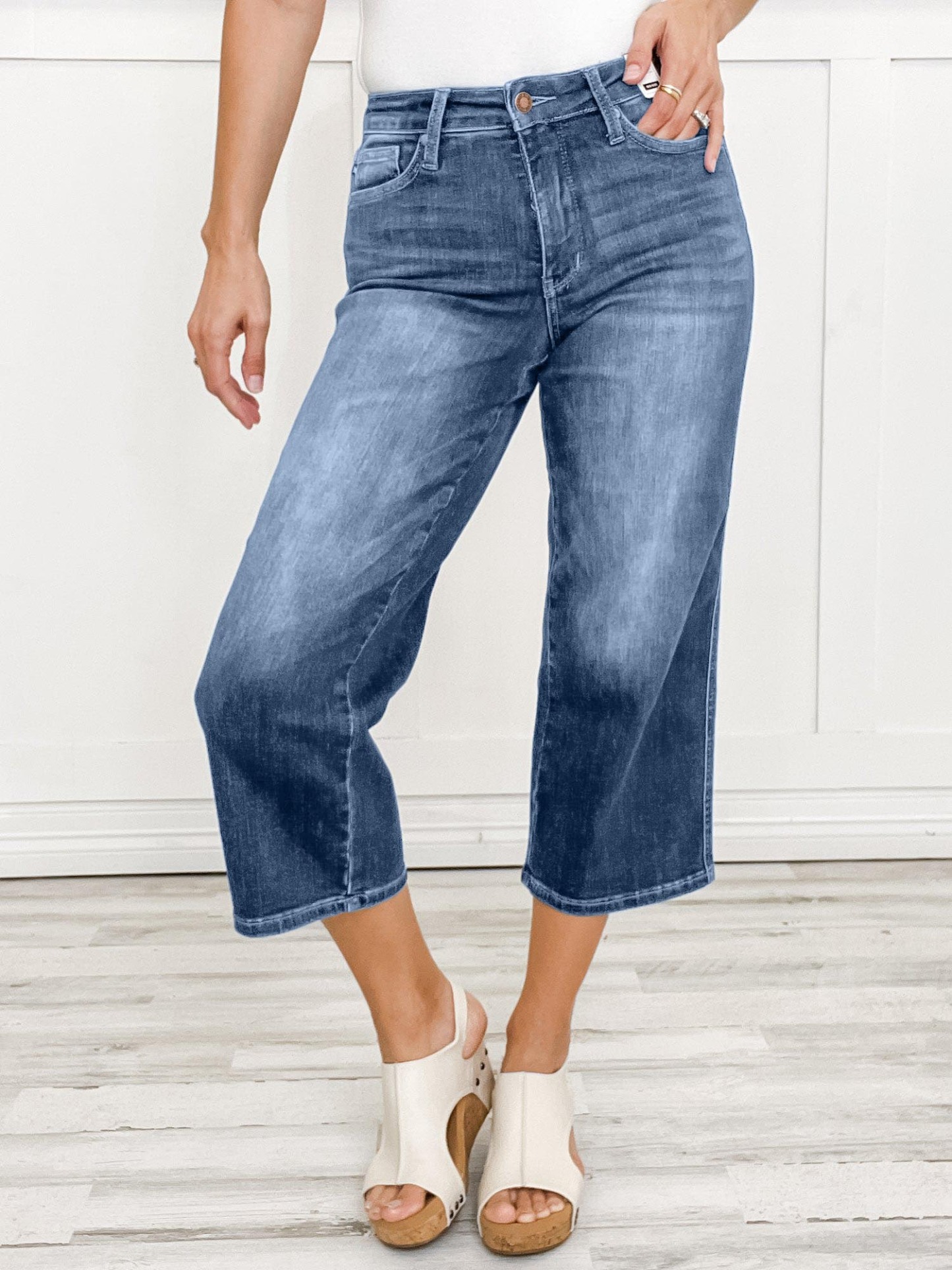 Mid-Rise Tummy Control Crop Wide Leg Denim Jeans