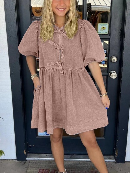 Women's Bow Tie Front Puff Sleeve Denim Dress