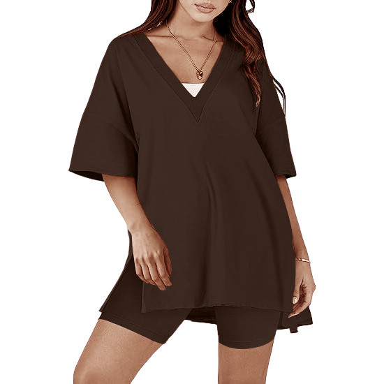 Oversized V Neck T Shirt Biker Shorts Reversible Tracksuit (Buy 2 Free Shipping)-Pink Laura