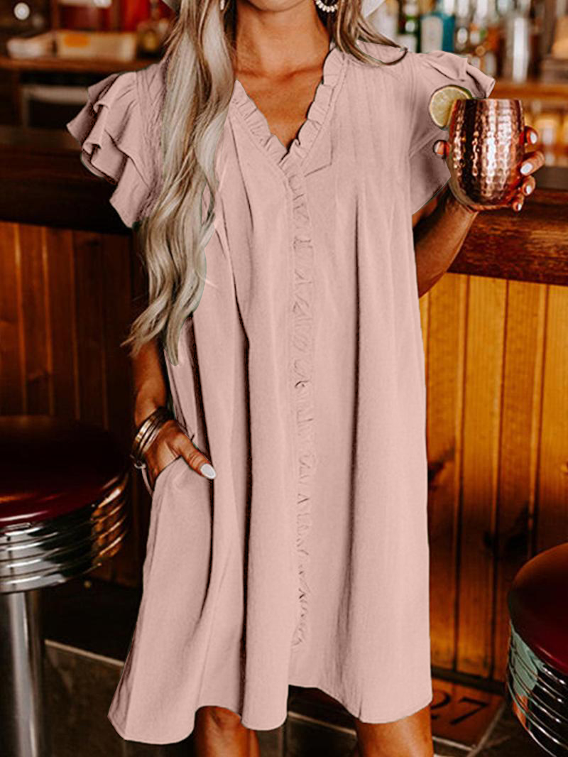 Women's Solid Color V-Neck Ruffle Dress