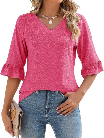 Womens 3/4 Length Sleeve V-Neck Eyelet Casual Ruffle Sleeve Tunic Blouses