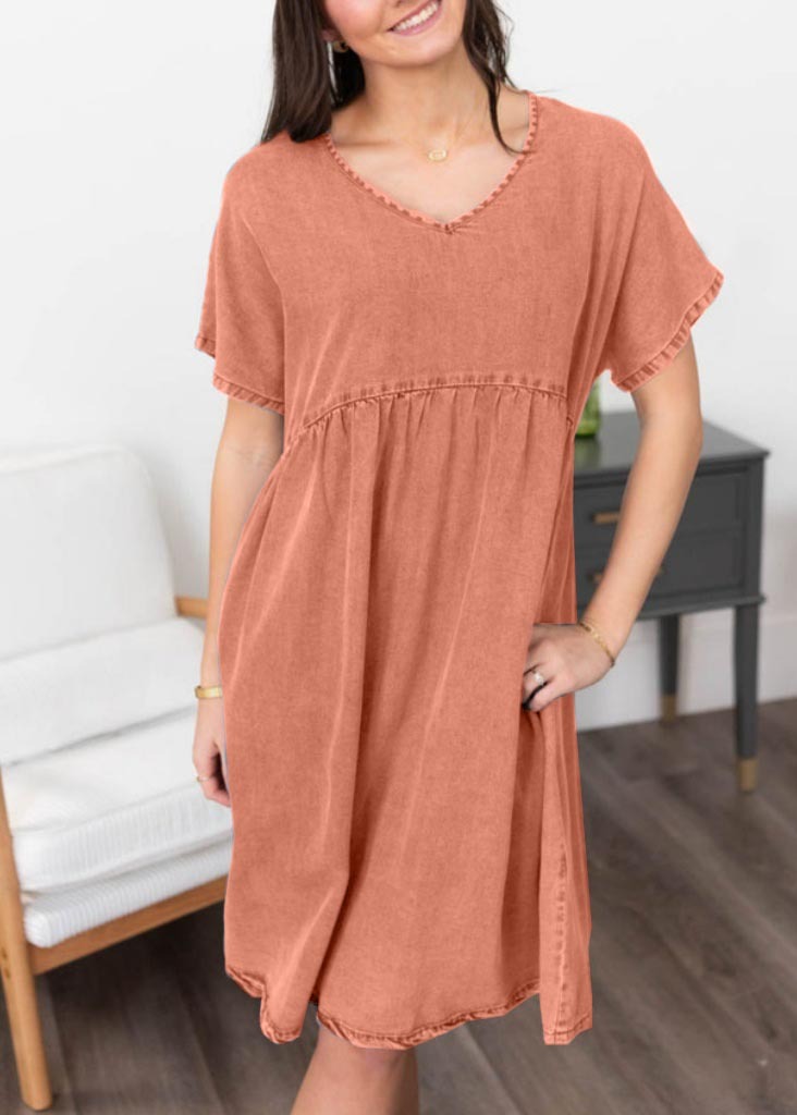 Women‘s Denim V-Neck Short Sleeve Dress