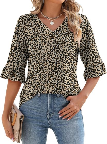 Womens 3/4 Length Sleeve V-Neck Eyelet Casual Ruffle Sleeve Tunic Blouses