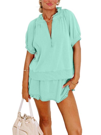 Women’s Puff Sleeve V-Neck Top and Ruffle Hem Skort Set