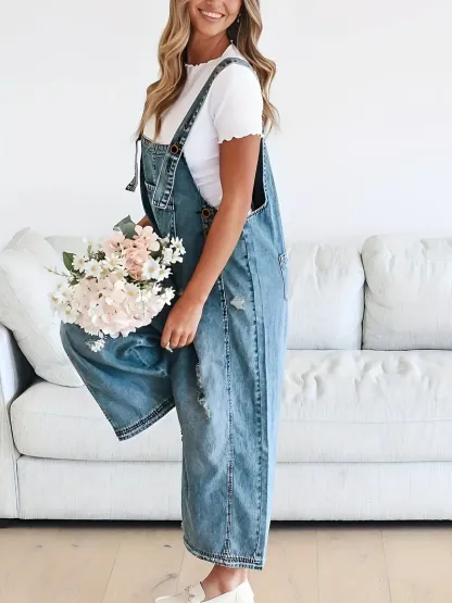 Women's Oversized Baggy Wide Leg Ripped Denim Overalls