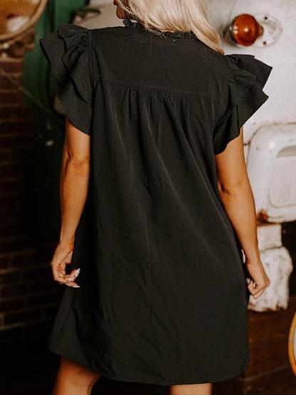 Women's Solid Color V-Neck Ruffle Dress