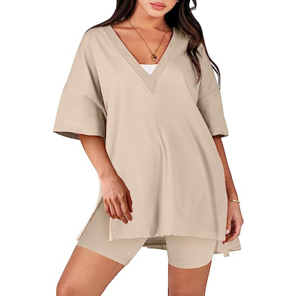 Oversized V Neck T Shirt Biker Shorts Reversible Tracksuit (Buy 2 Free Shipping)-Pink Laura