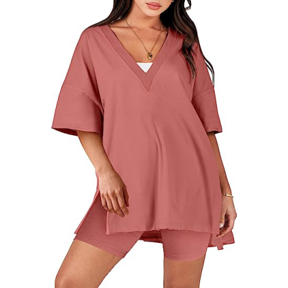 Oversized V Neck T Shirt Biker Shorts Reversible Tracksuit (Buy 2 Free Shipping)-Pink Laura
