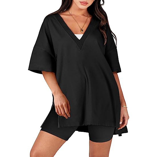 Oversized V Neck T Shirt Biker Shorts Reversible Tracksuit (Buy 2 Free Shipping)-Pink Laura