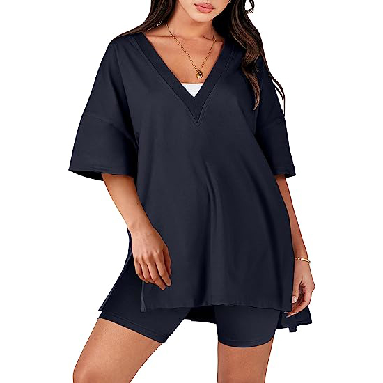 Oversized V Neck T Shirt Biker Shorts Reversible Tracksuit (Buy 2 Free Shipping)-Pink Laura