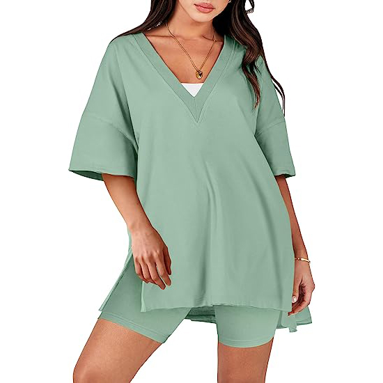 Oversized V Neck T Shirt Biker Shorts Reversible Tracksuit (Buy 2 Free Shipping)-Pink Laura