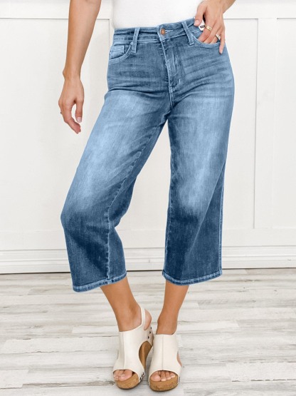 Mid-Rise Tummy Control Crop Wide Leg Denim Jeans