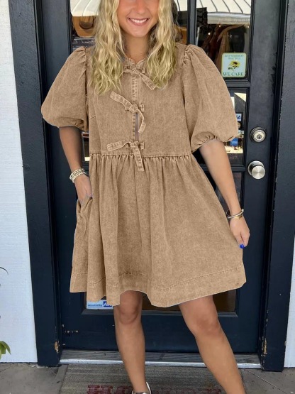 Women's Bow Tie Front Puff Sleeve Denim Dress