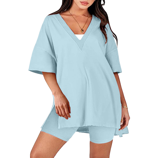 Oversized V Neck T Shirt Biker Shorts Reversible Tracksuit (Buy 2 Free Shipping)-Pink Laura