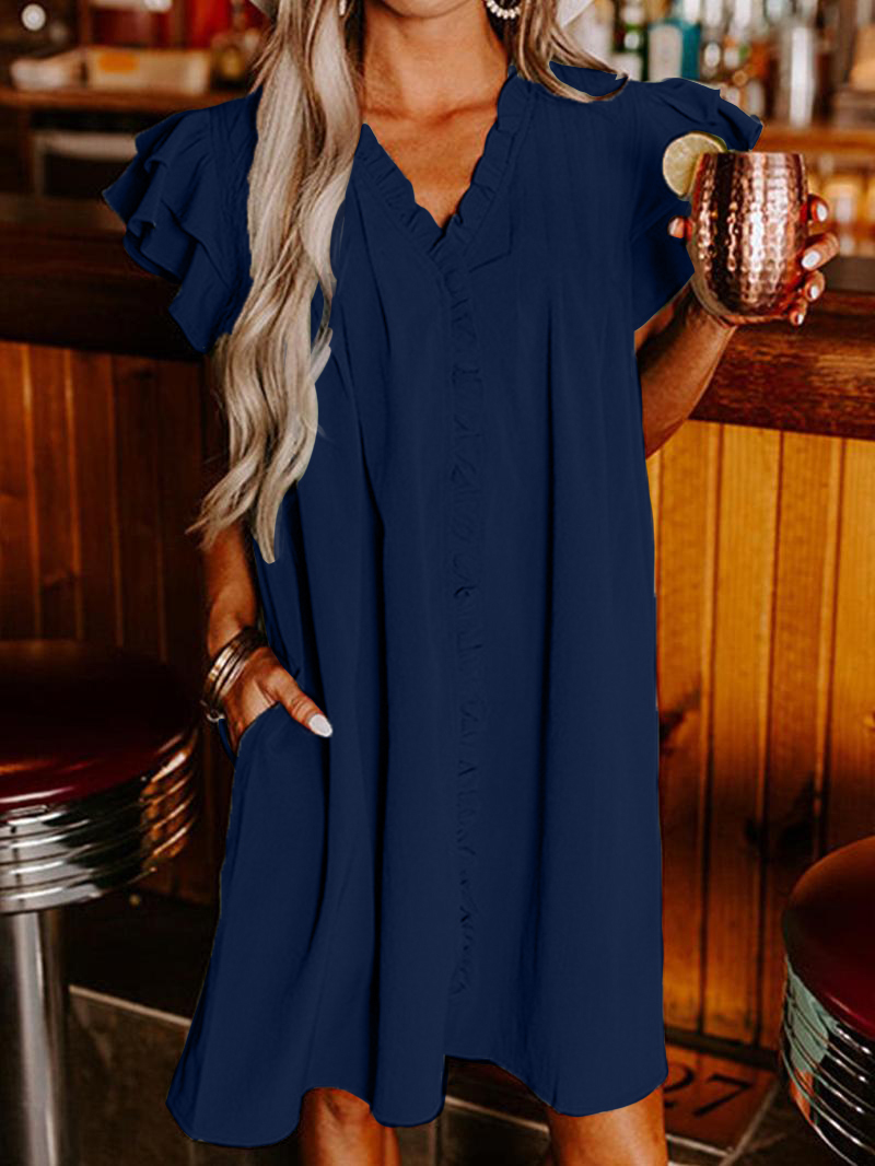 Women's Solid Color V-Neck Ruffle Dress