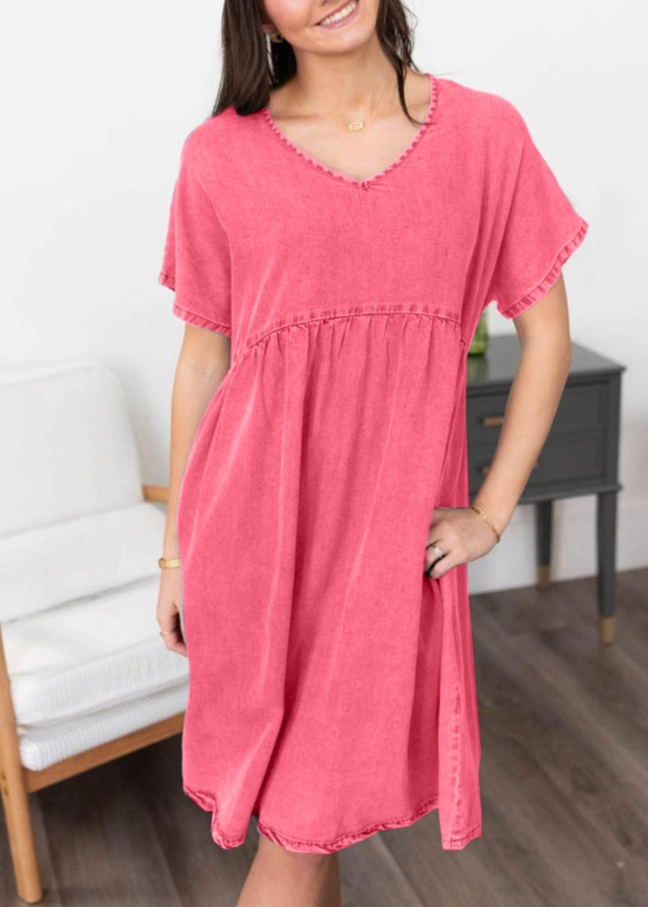 Women‘s Denim V-Neck Short Sleeve Dress