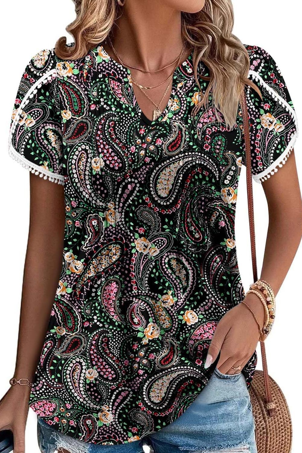 Women's Cute Fringe Cuff Casual Short Sleeve Printed Tops