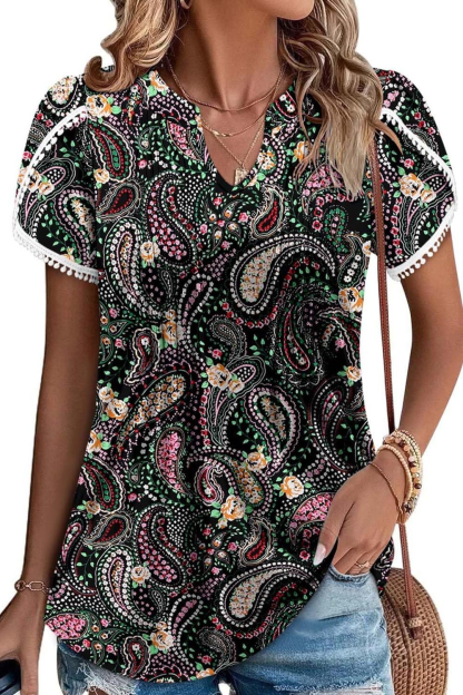 Women's Cute Fringe Cuff Casual Short Sleeve Printed Tops